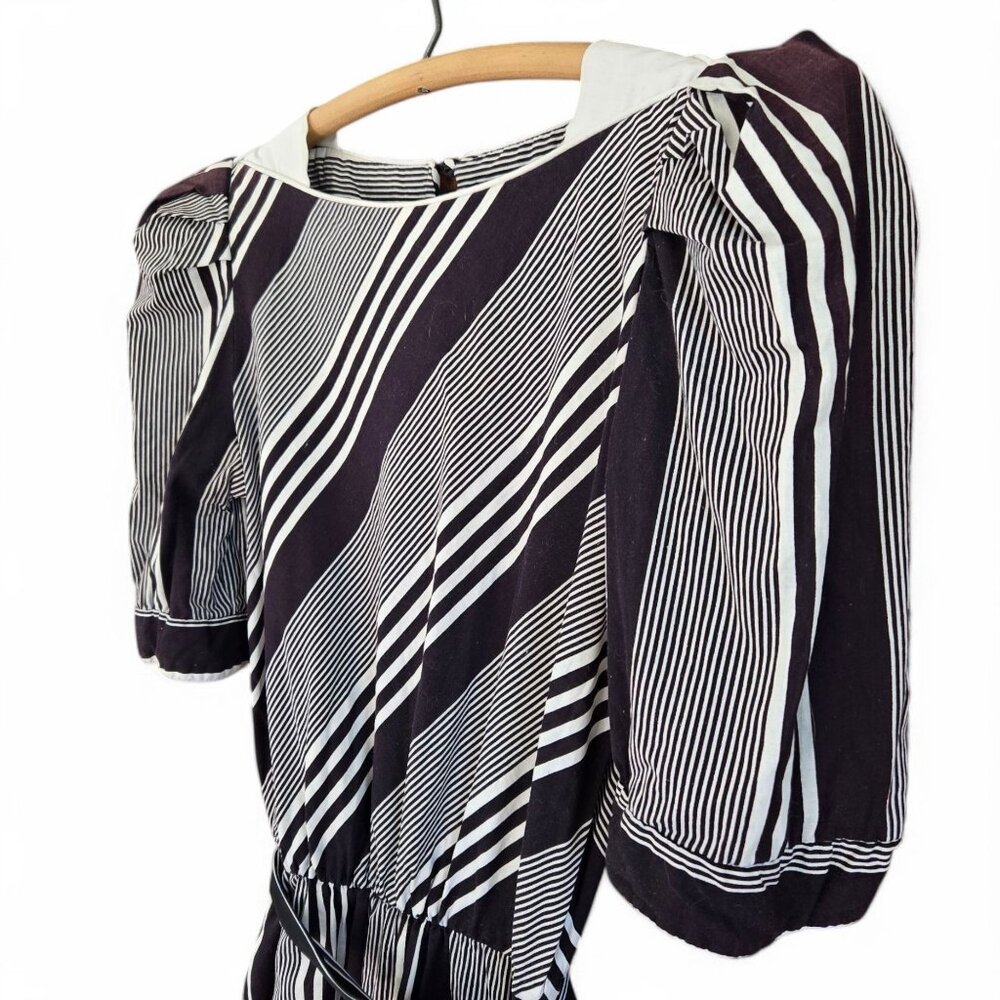 Vintage Brown & White Striped Midi Dress | Handmade 1980s Elastic Waist - Picture 13 of 16